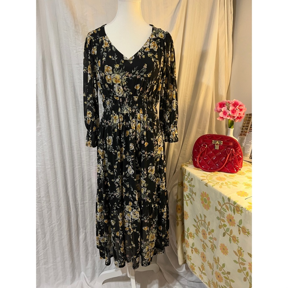 Ember Classy Feminine Spring Summer Black Floral Longsleeve A-line Dress